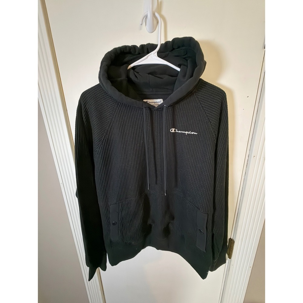 Champion Mens Waffle Knit Hoodie Black Raglan Pullover Script Logo Size Medium